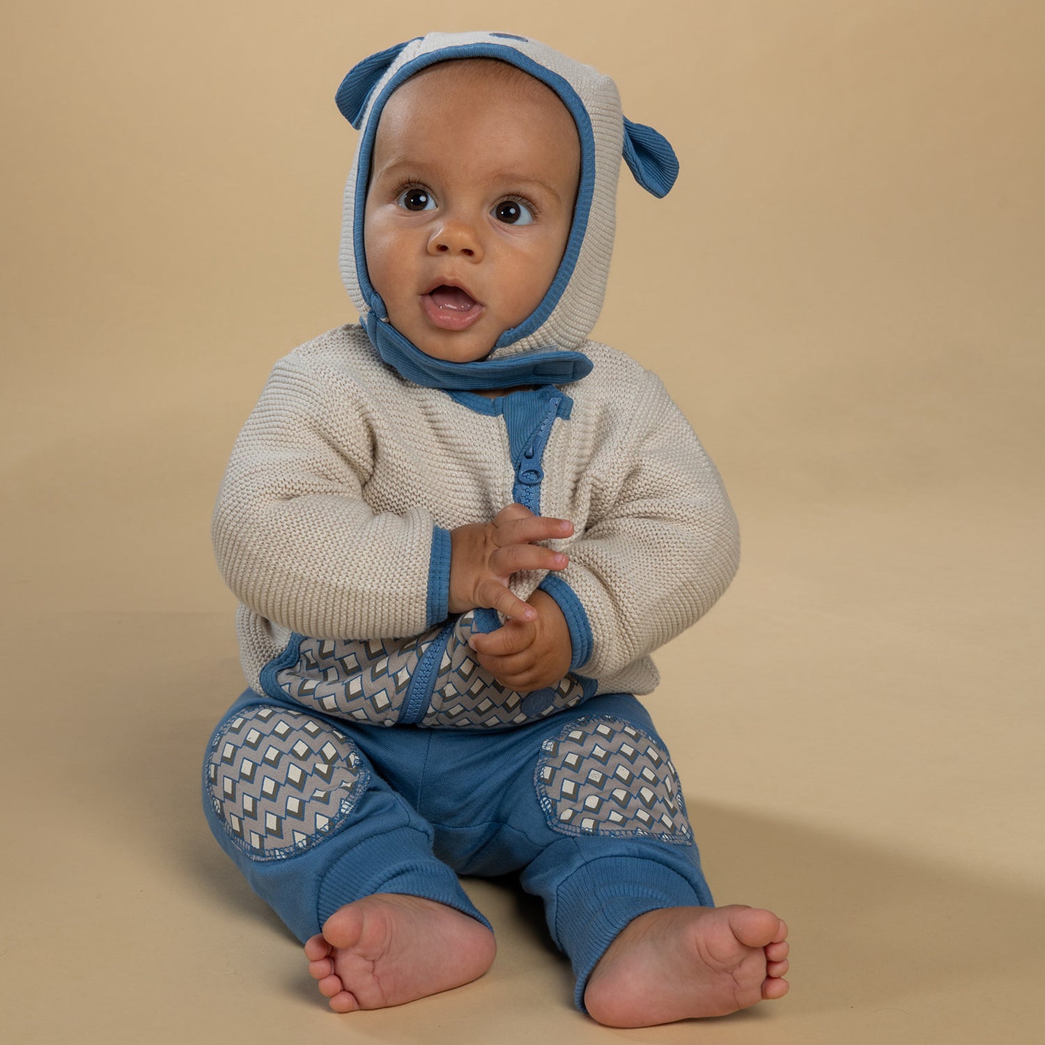 Strickmütze Baby mit blauen Rändern - moonbeam - GOTS