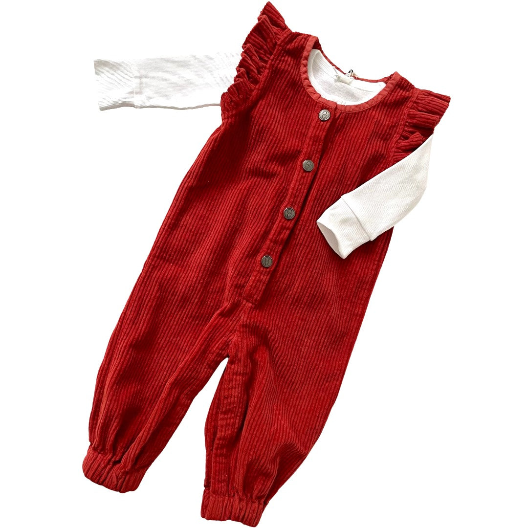 Fløjls-overalls med flæser - burned red